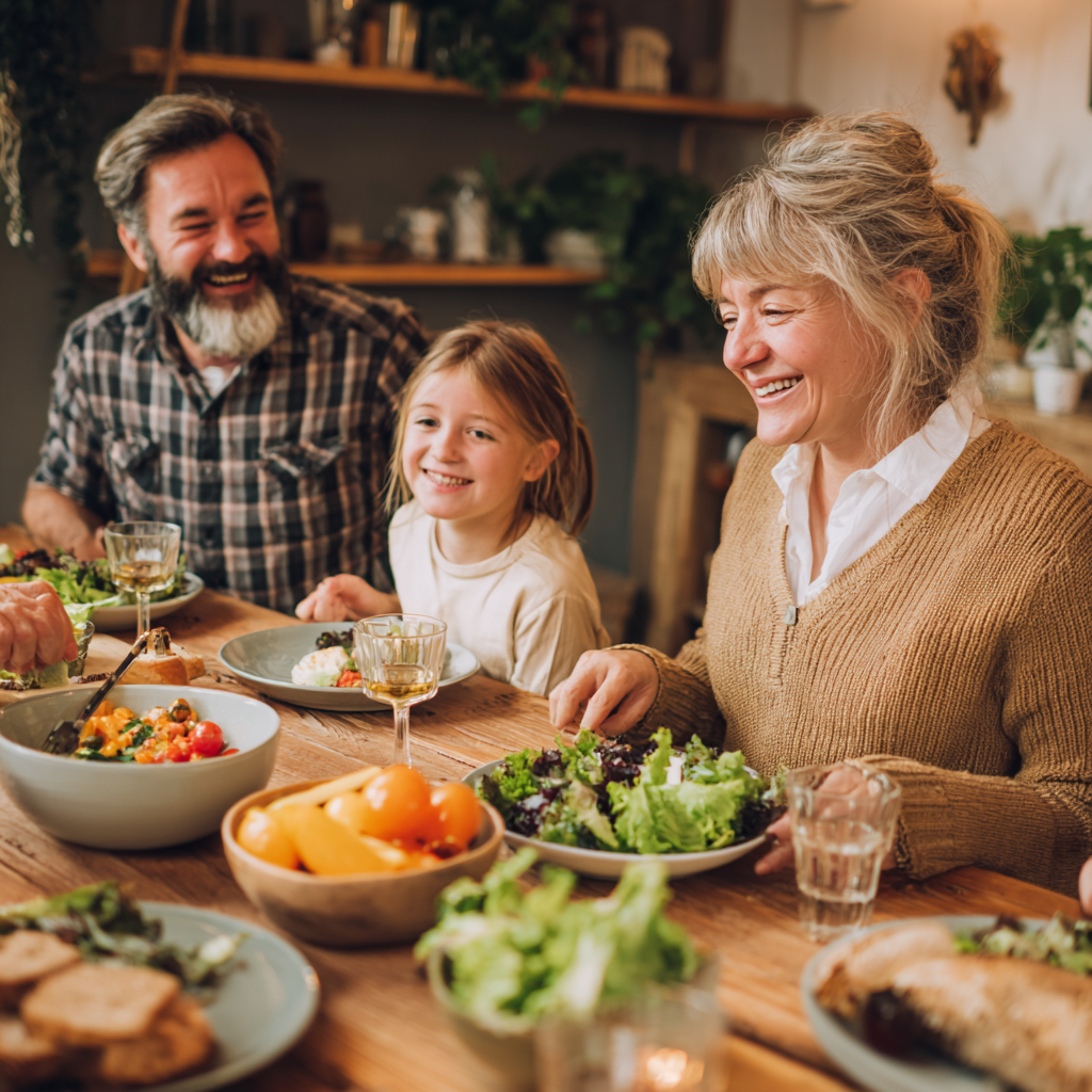 Happy Ukrainian family of various ages cooking healthy meals together in a modern kitchen, smiling and enjoying the process of preparing nutritious food